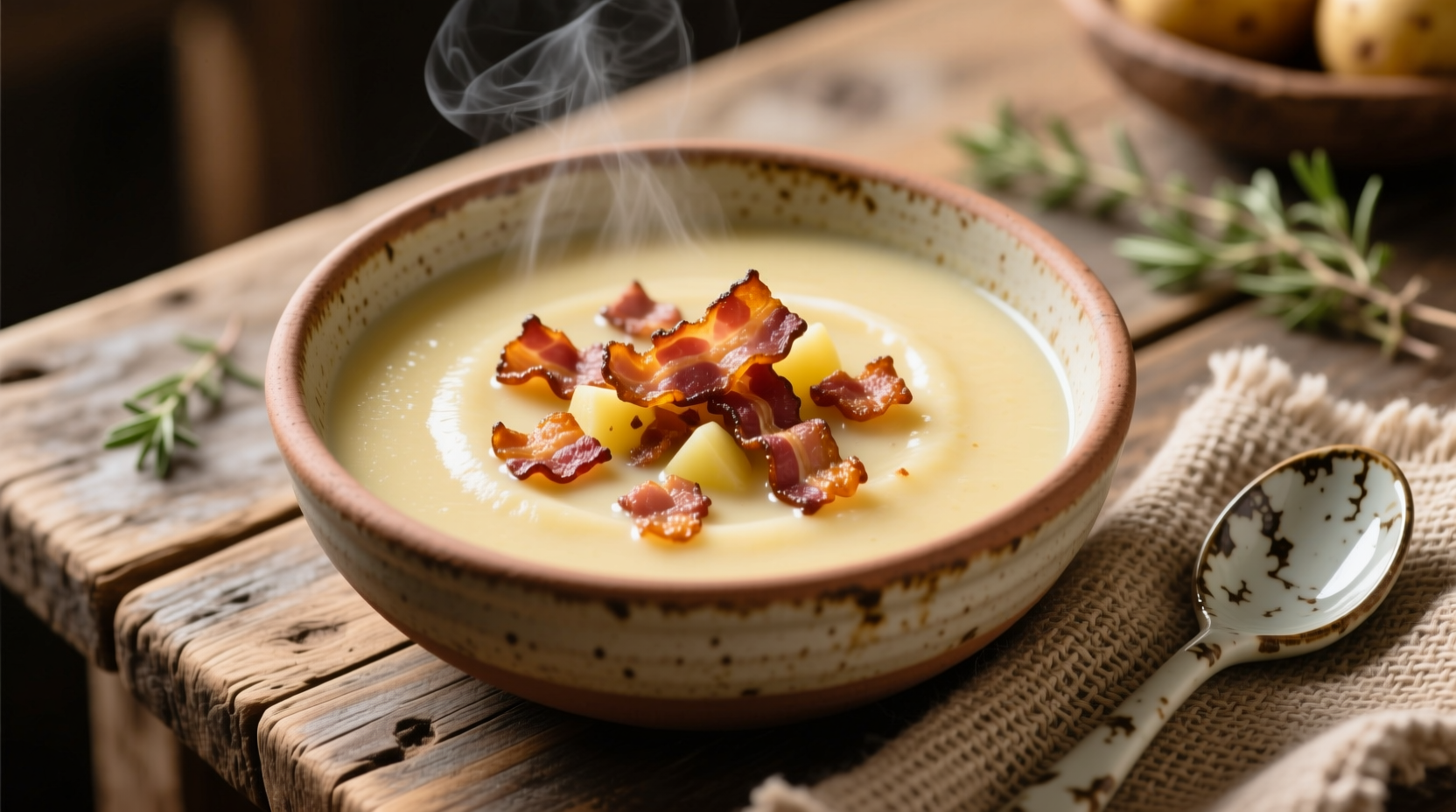 Creamy potato soup with bacon in rustic bowl