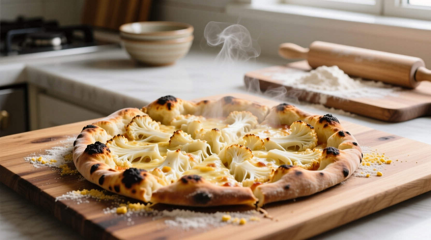 Homemade cauliflower pizza crust on baking sheet
