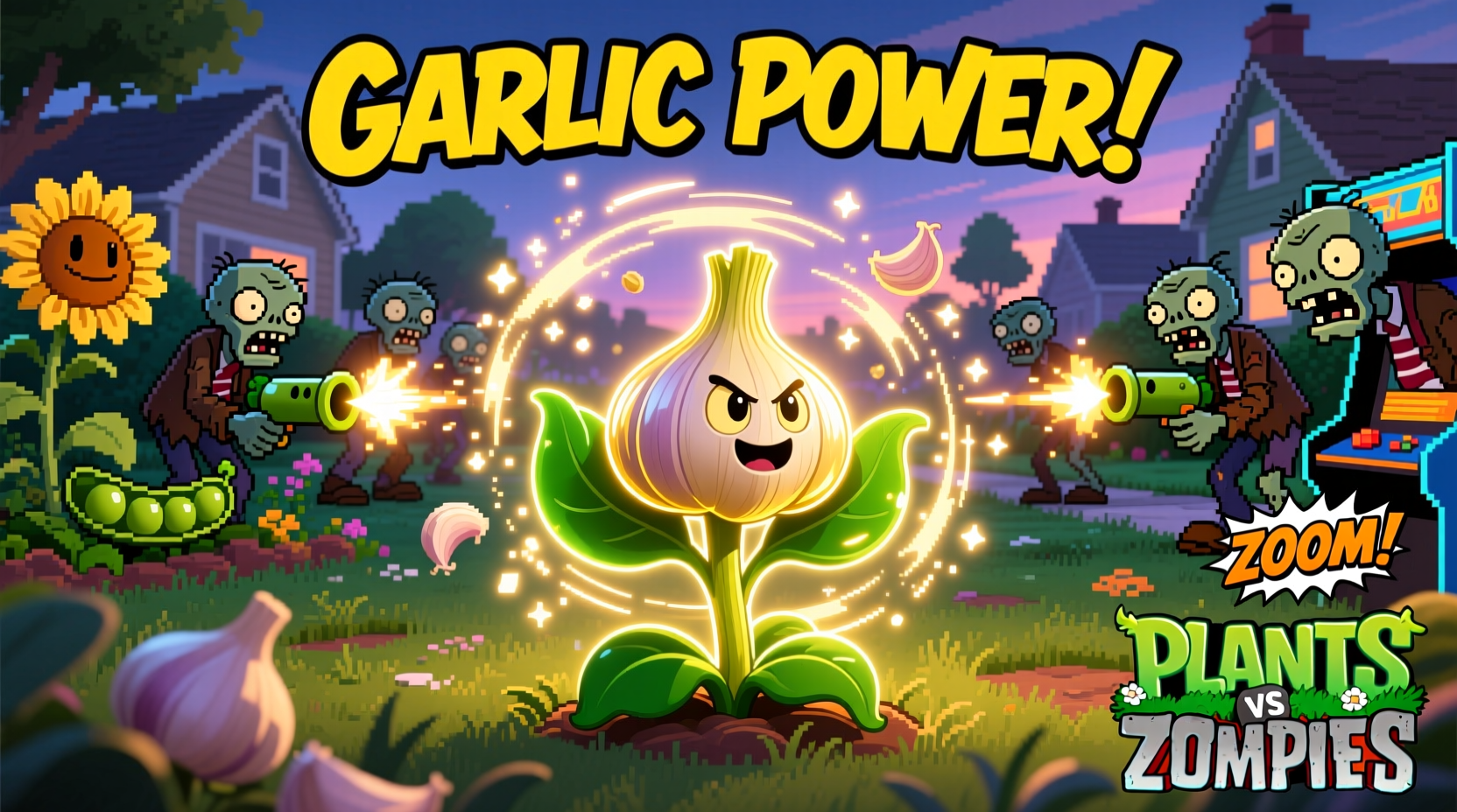 Garlic plant redirecting zombies in Plants vs Zombies gameplay
