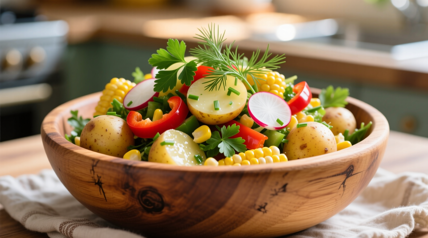 Colorful potato corn salad in wooden bowl with fresh herbs