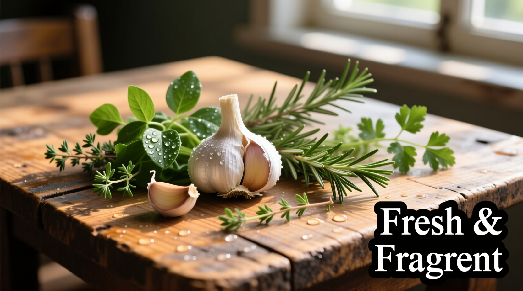 Fresh garlic bulbs and culinary herbs on wooden table