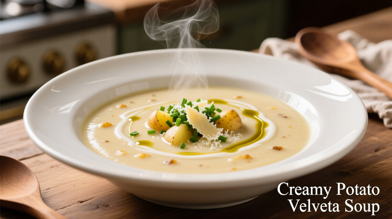 Creamy potato velveeta soup in white bowl with garnish