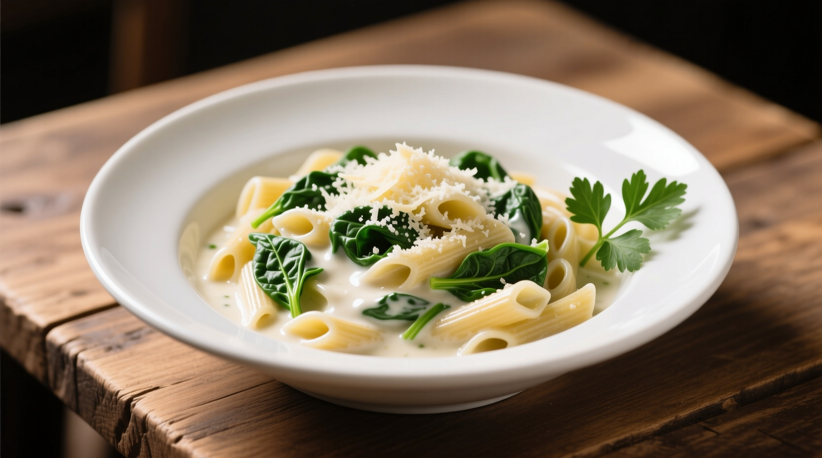 Creamy garlic spinach pasta in white bowl