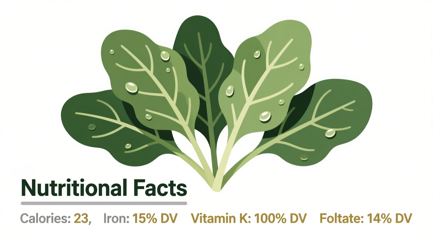 Spinach leaves on white background with nutritional facts