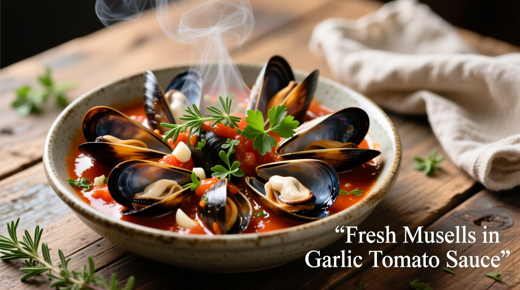 Steaming mussels in tomato sauce with garlic and herbs