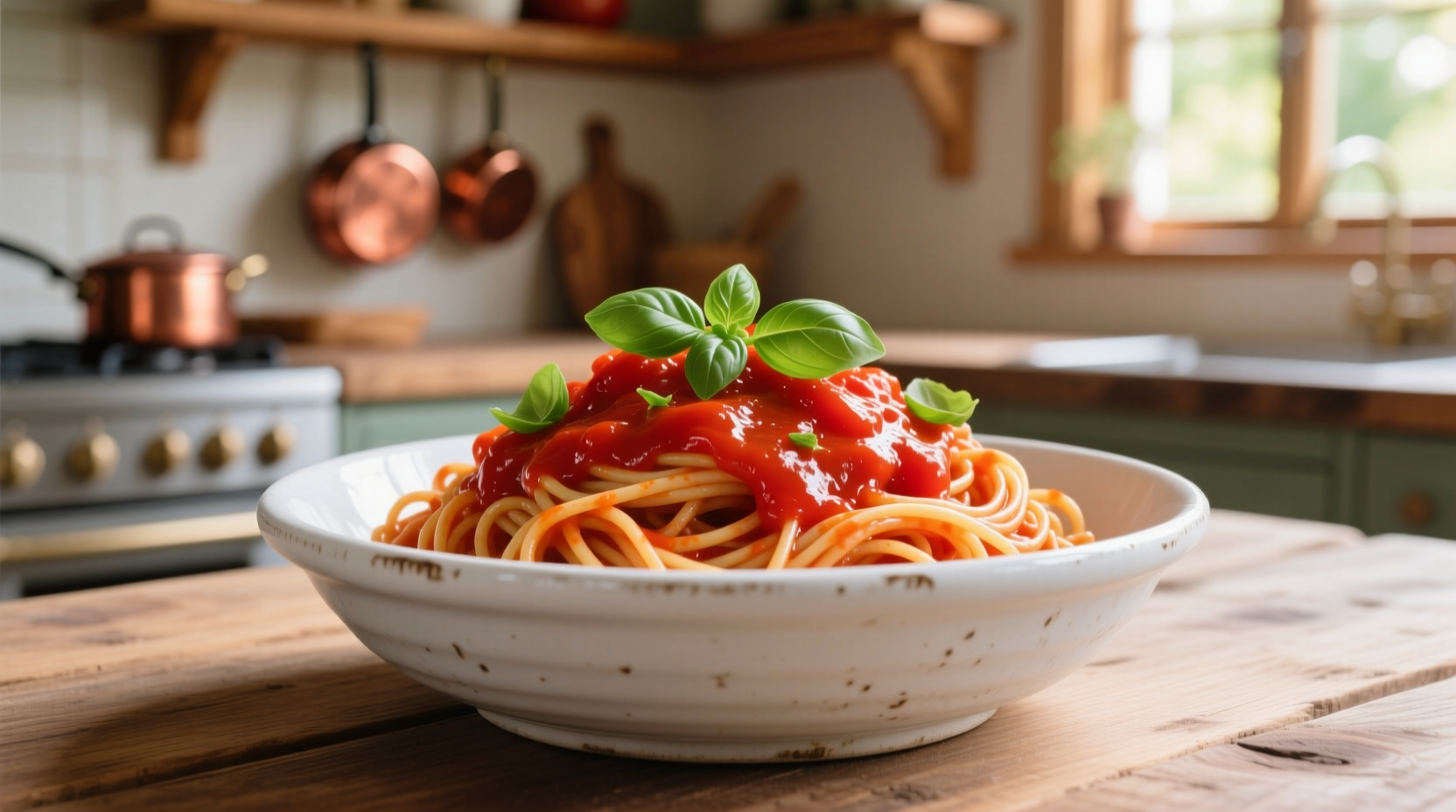 Vibrant red tomato pasta in white ceramic bowl