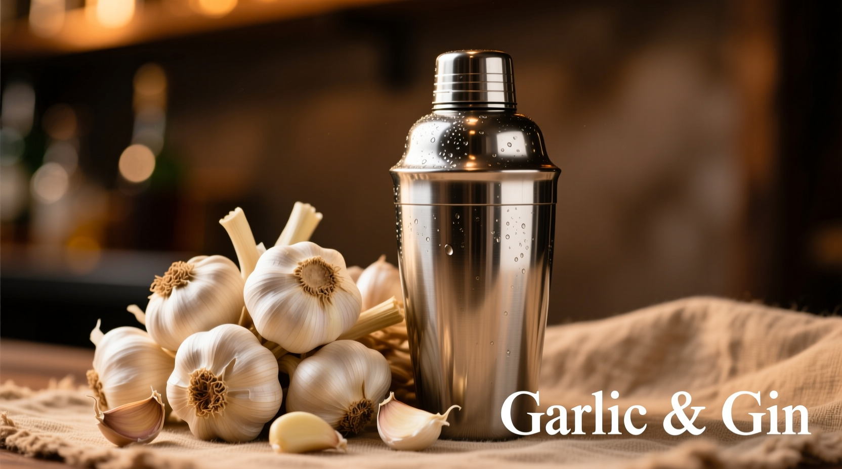Fresh garlic cloves next to cocktail shaker