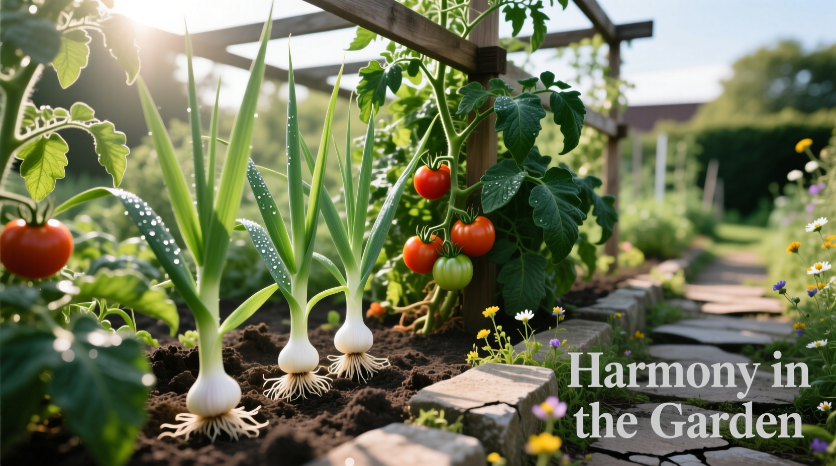 Garlic plants growing alongside tomato vines in garden