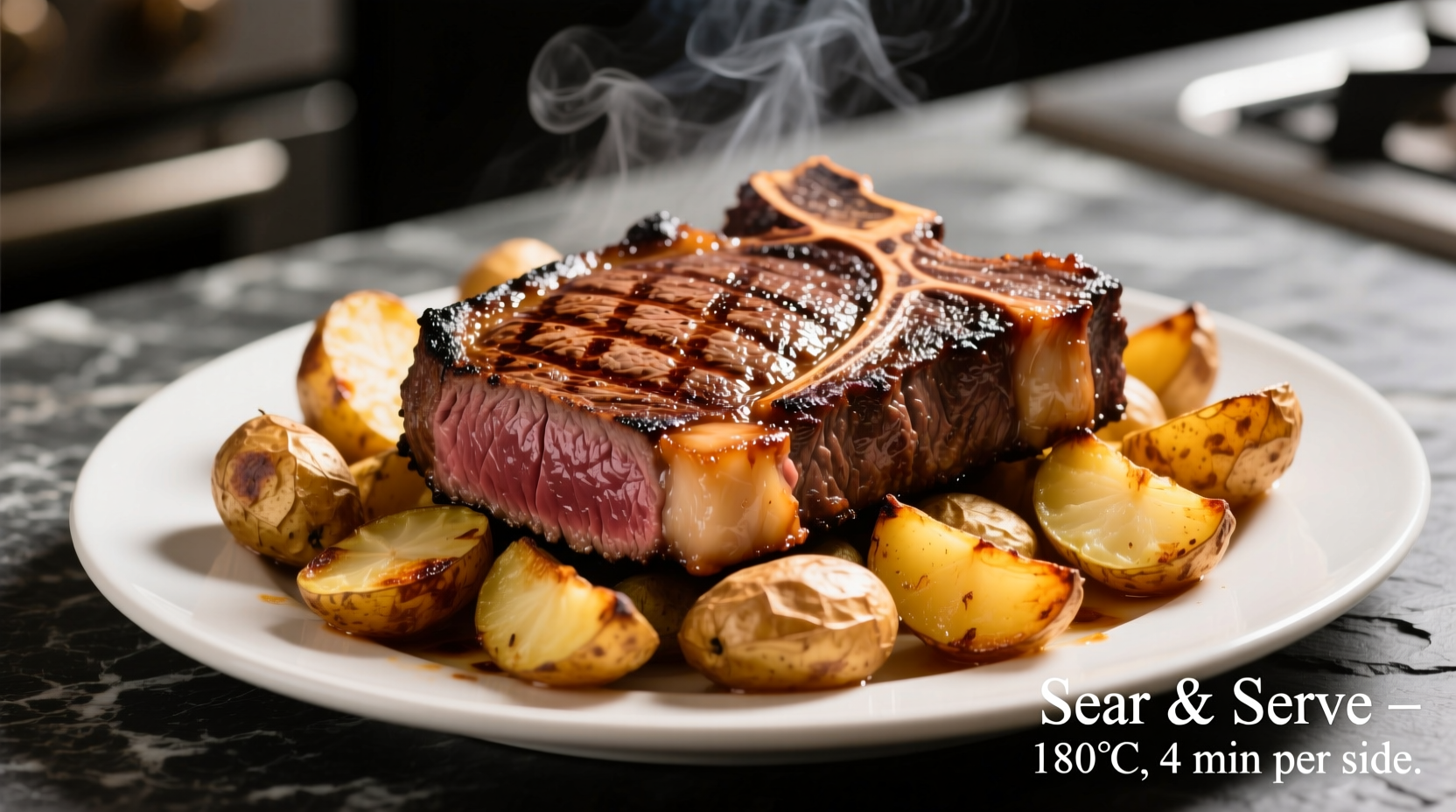 Perfectly seared ribeye steak with golden roasted potatoes