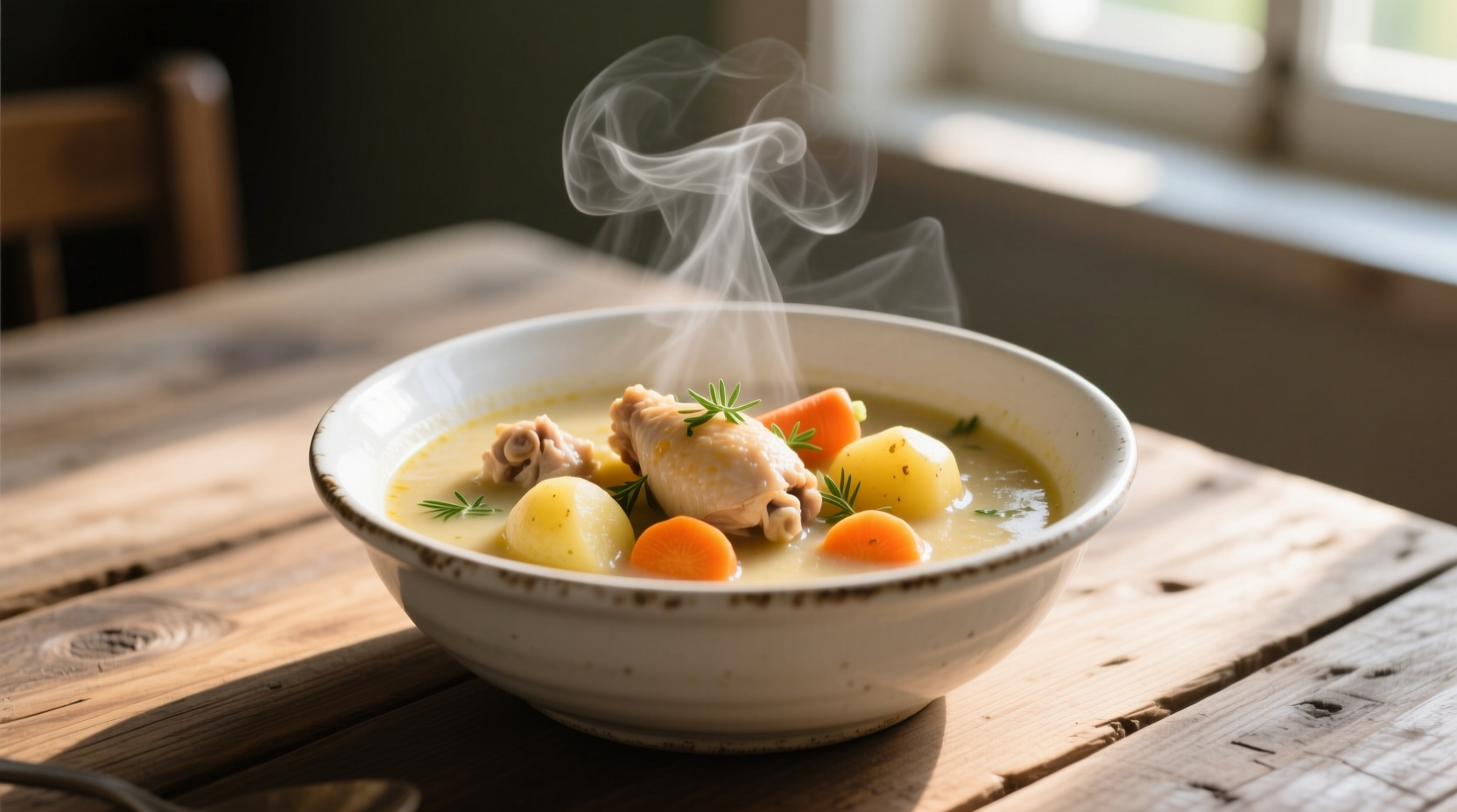 Homemade chicken potato carrot soup in white bowl