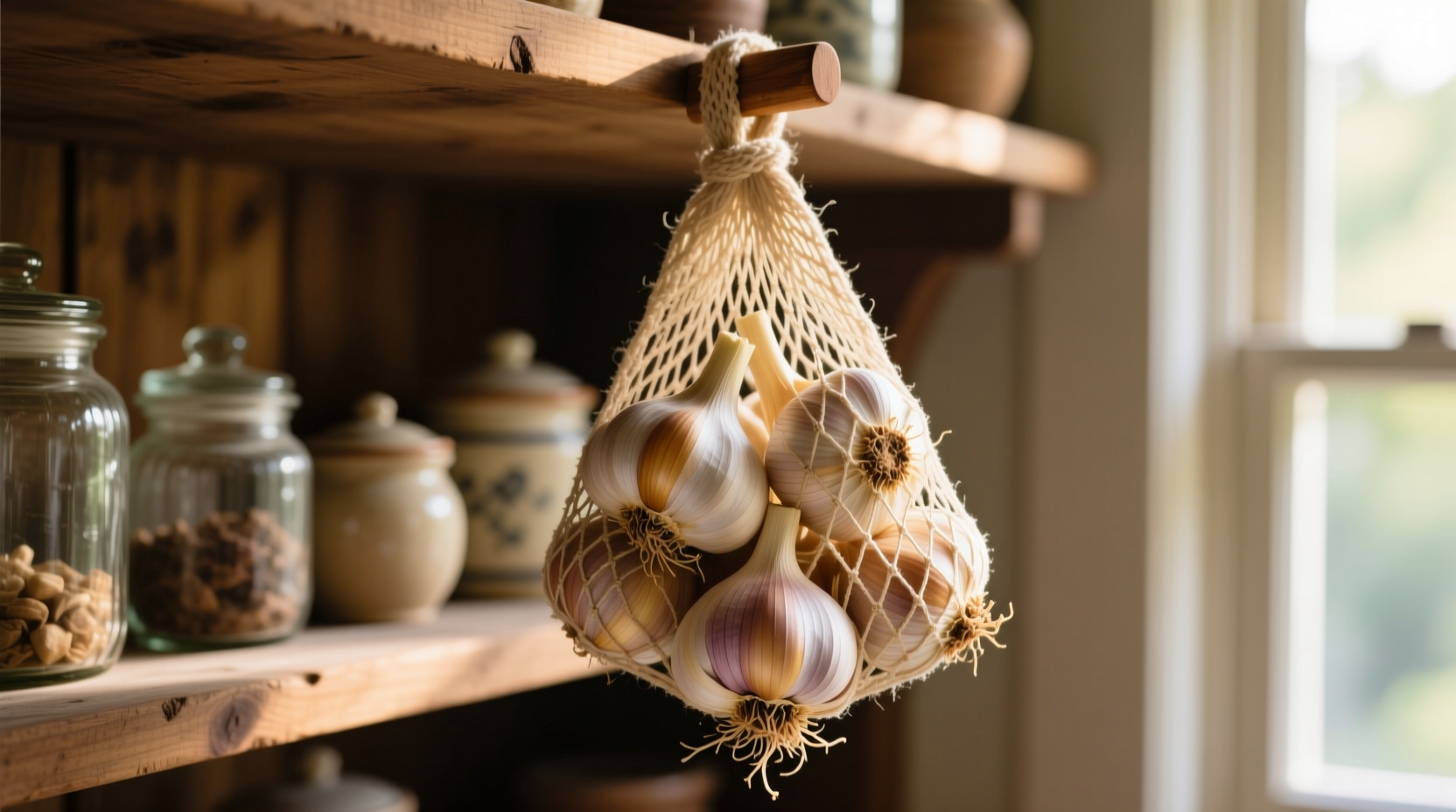 Garlic cloves in mesh bag hanging in pantry