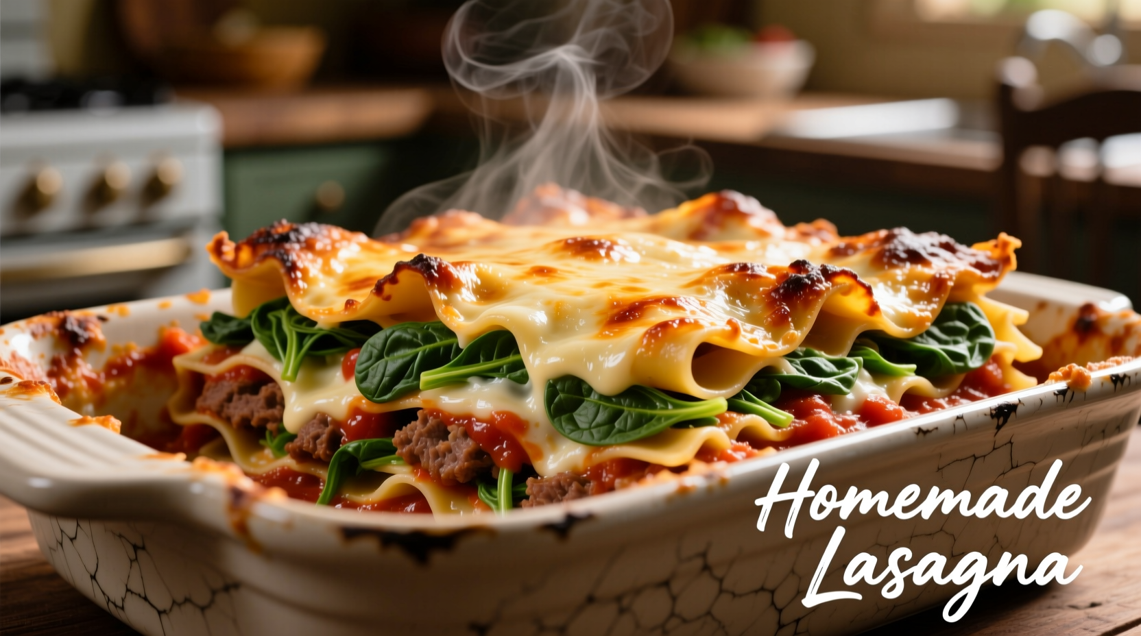 Layered spinach meat lasagna with bubbling cheese edges