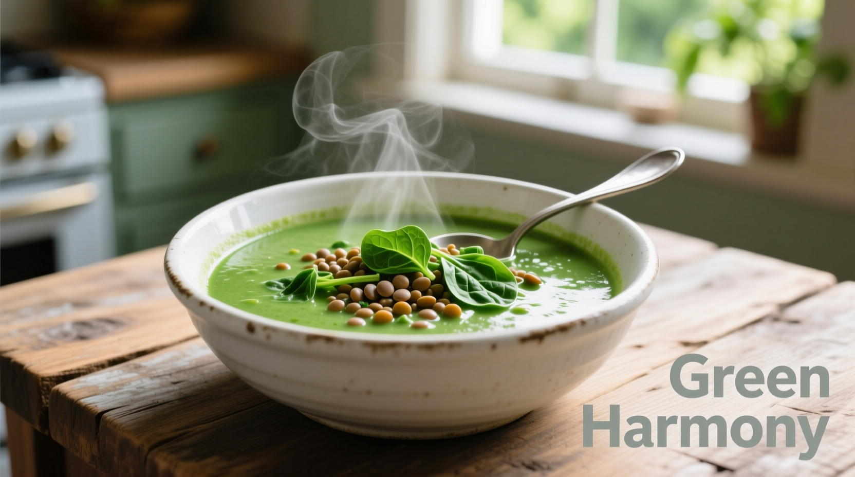 Vibrant green spinach lentil soup in white bowl