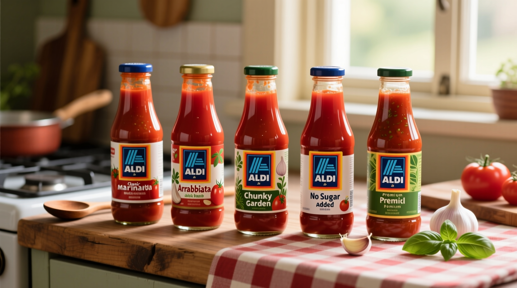 Aldi tomato sauce varieties arranged for cooking