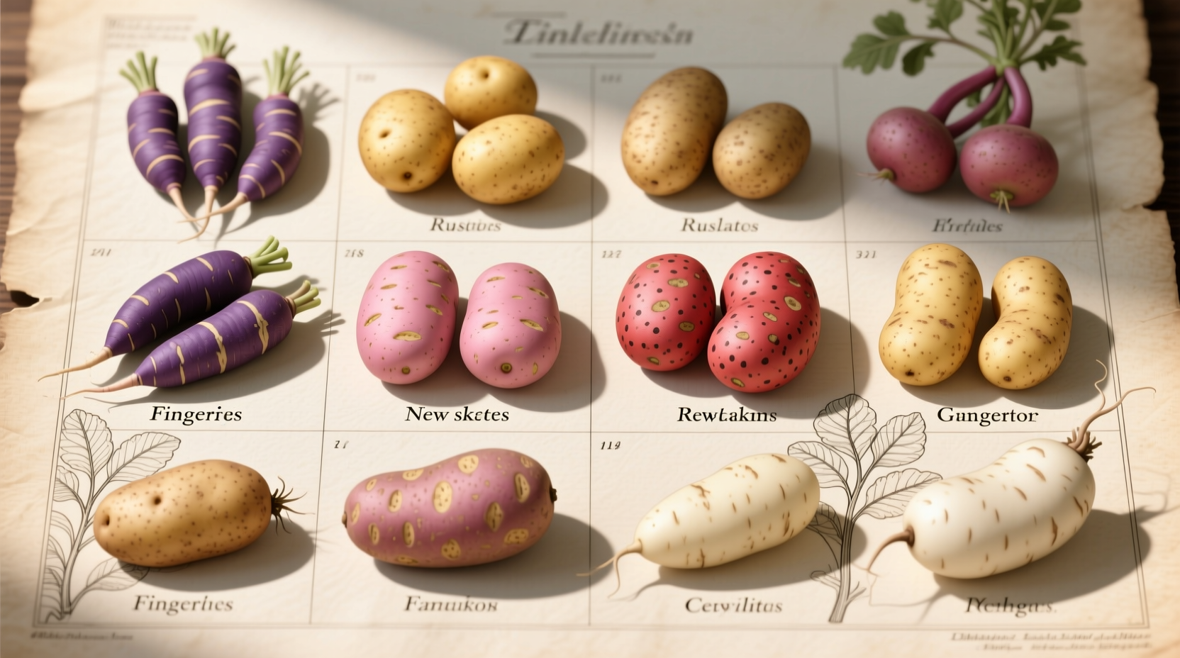 Different potato varieties arranged by color and shape
