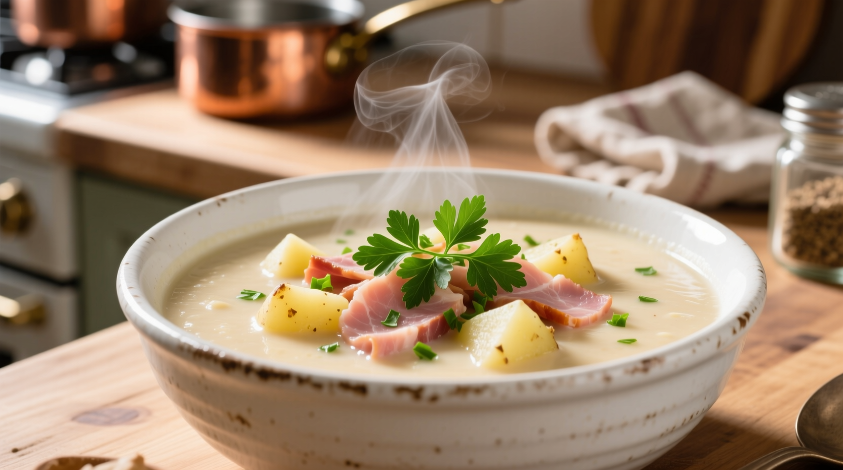 Creamy ham and potato soup in white bowl with fresh parsley