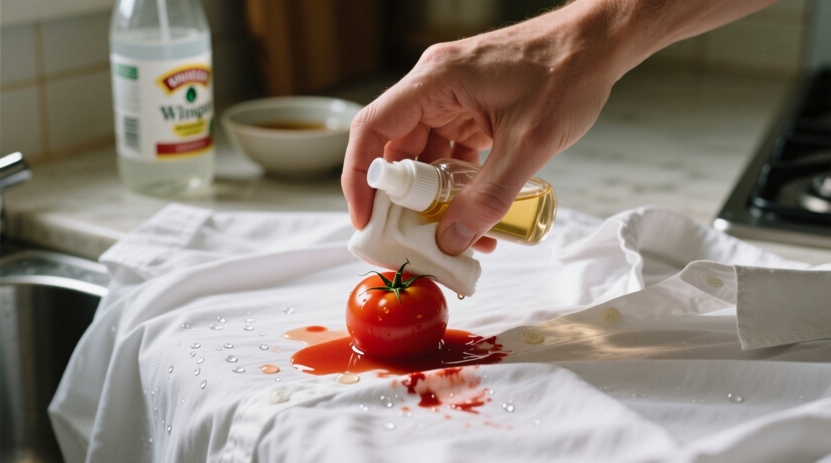 Hand applying vinegar solution to tomato stain on white shirt