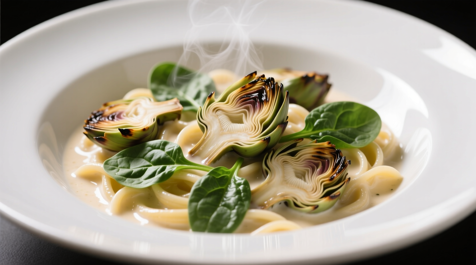 Creamy pasta with artichoke hearts and spinach in white bowl