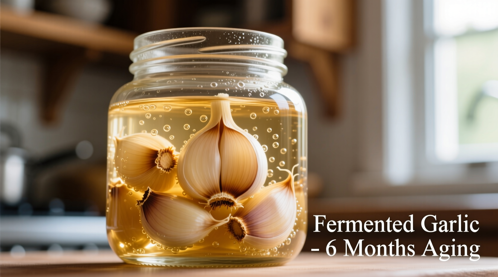 Fermented garlic cloves in glass jar with brine