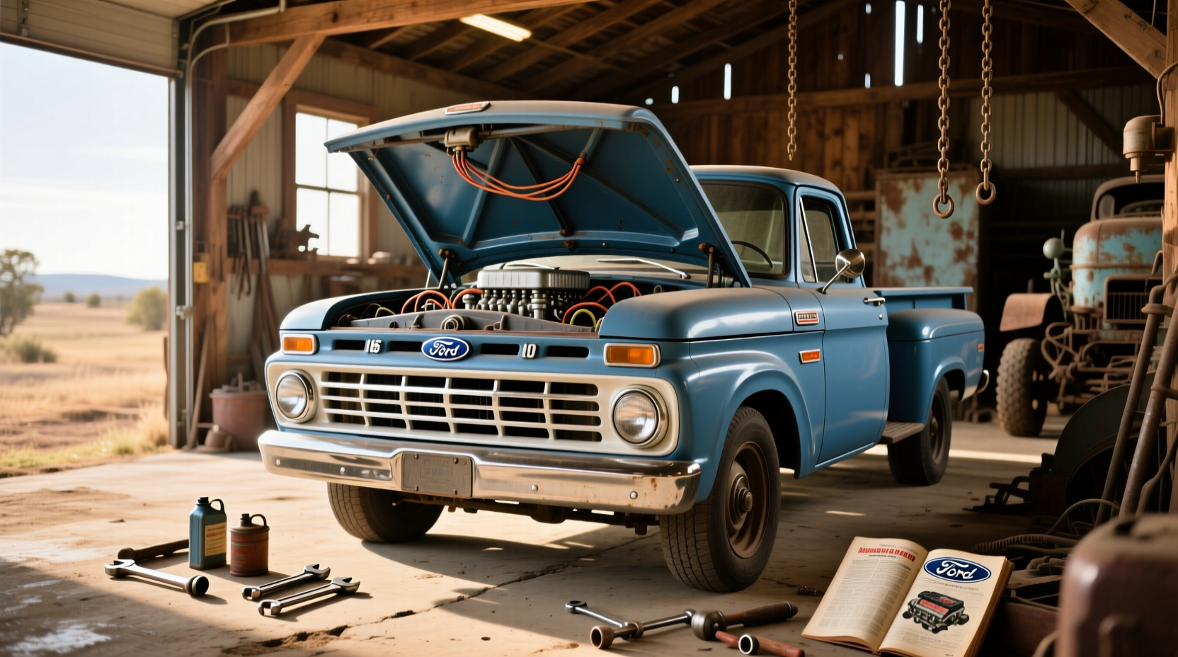 1965 Ford F-100 pickup truck parked on gravel road