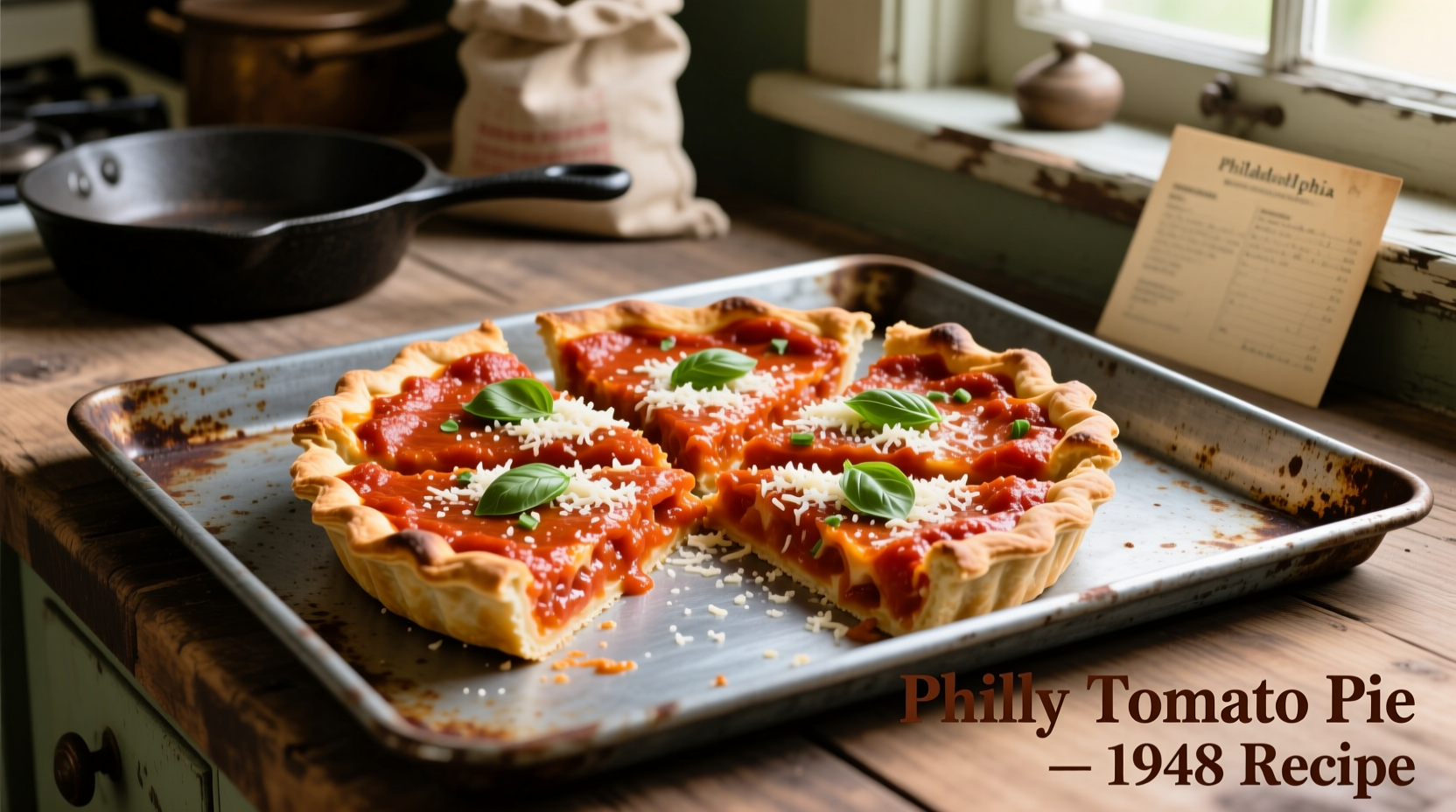 Traditional Philadelphia-style tomato pie on a metal tray