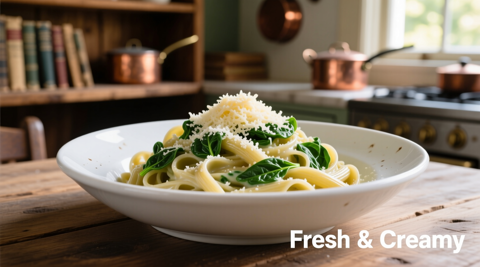 Creamy spinach pasta with parmesan in white bowl