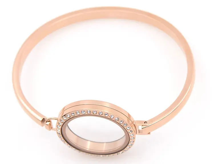 Fashion crystal rose gold 30mm 7"-8" floating screw glass womens photo stainless steel locket charm bangle bracelet