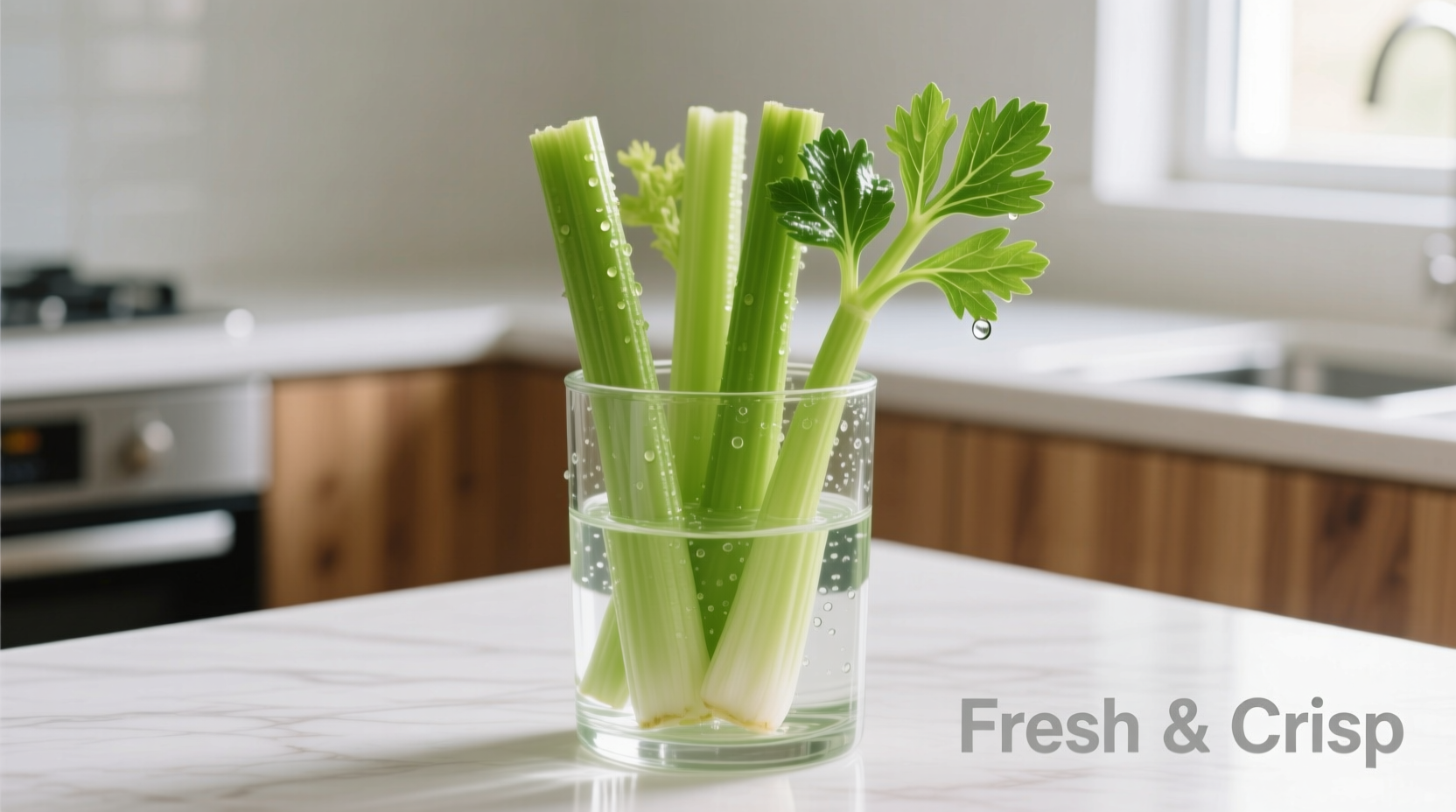 Fresh celery stalks stored in water container