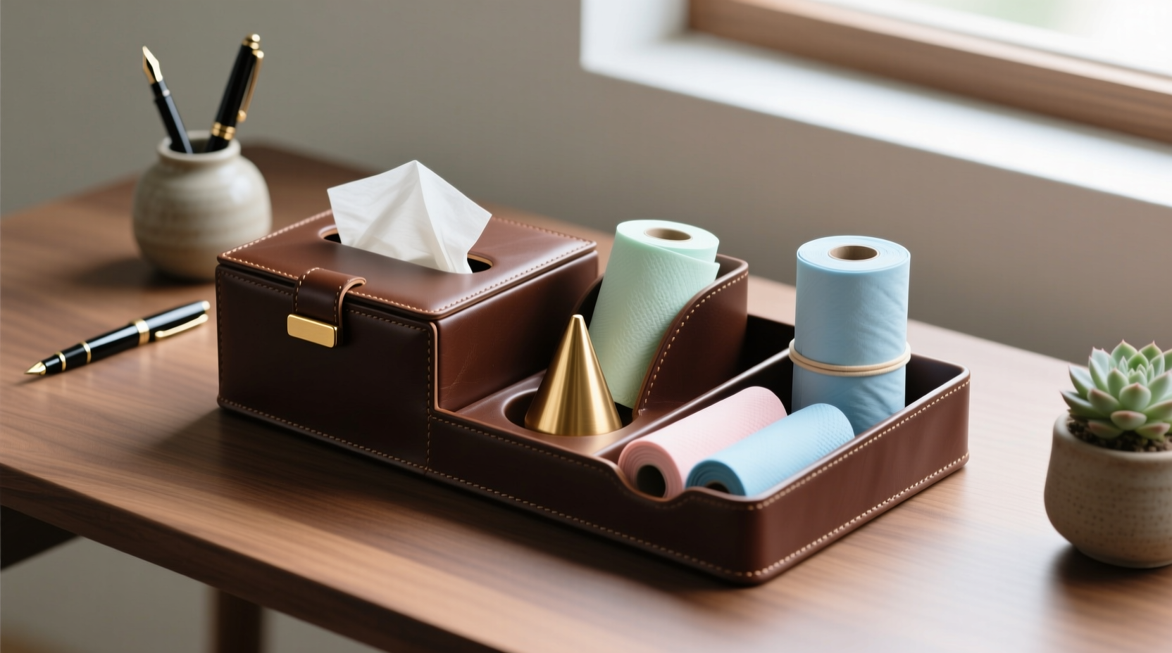 creative ways to organize tissues in a leather desktop organizer for a clutter free workspace