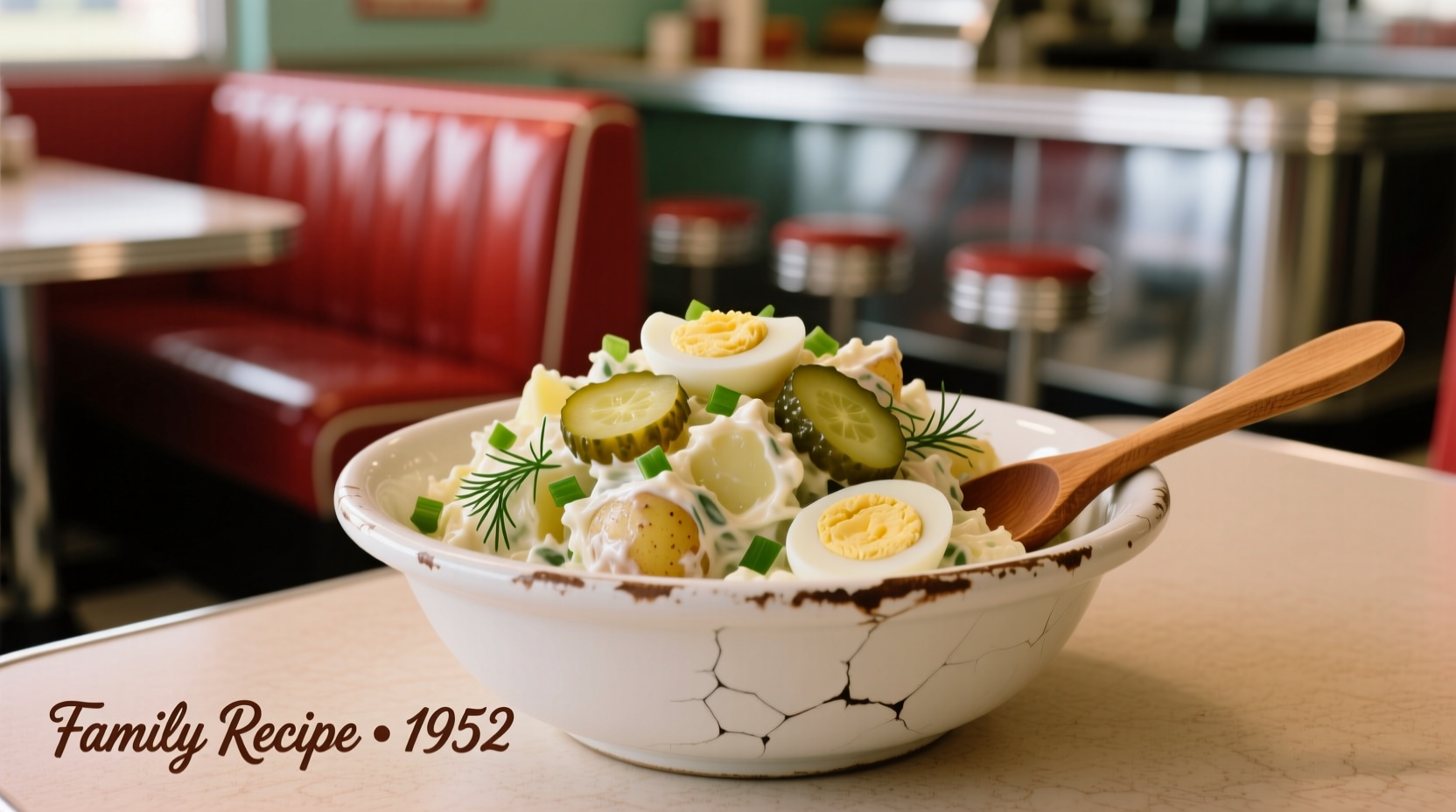 Vintage photo of classic American potato salad with pickles and eggs