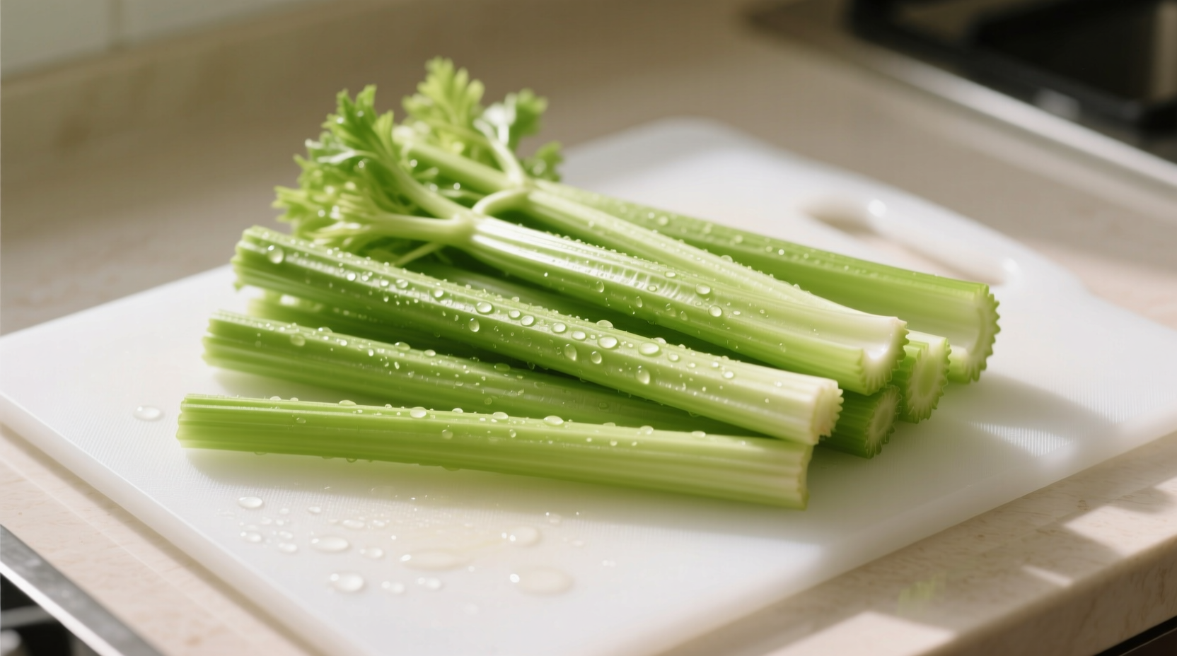Fresh celery ribs arranged on cutting board
