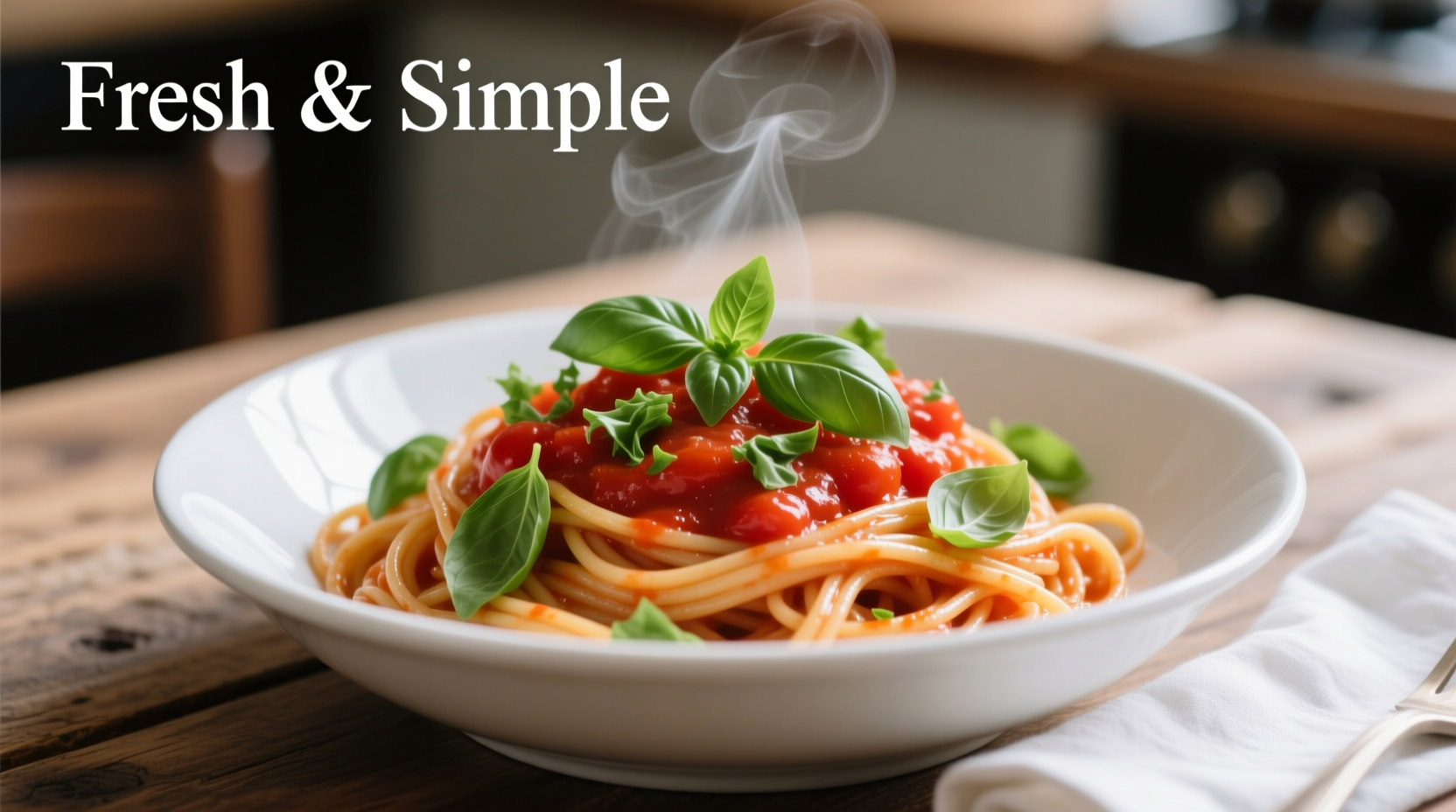 Tomato basil pasta served in white bowl with fresh basil garnish