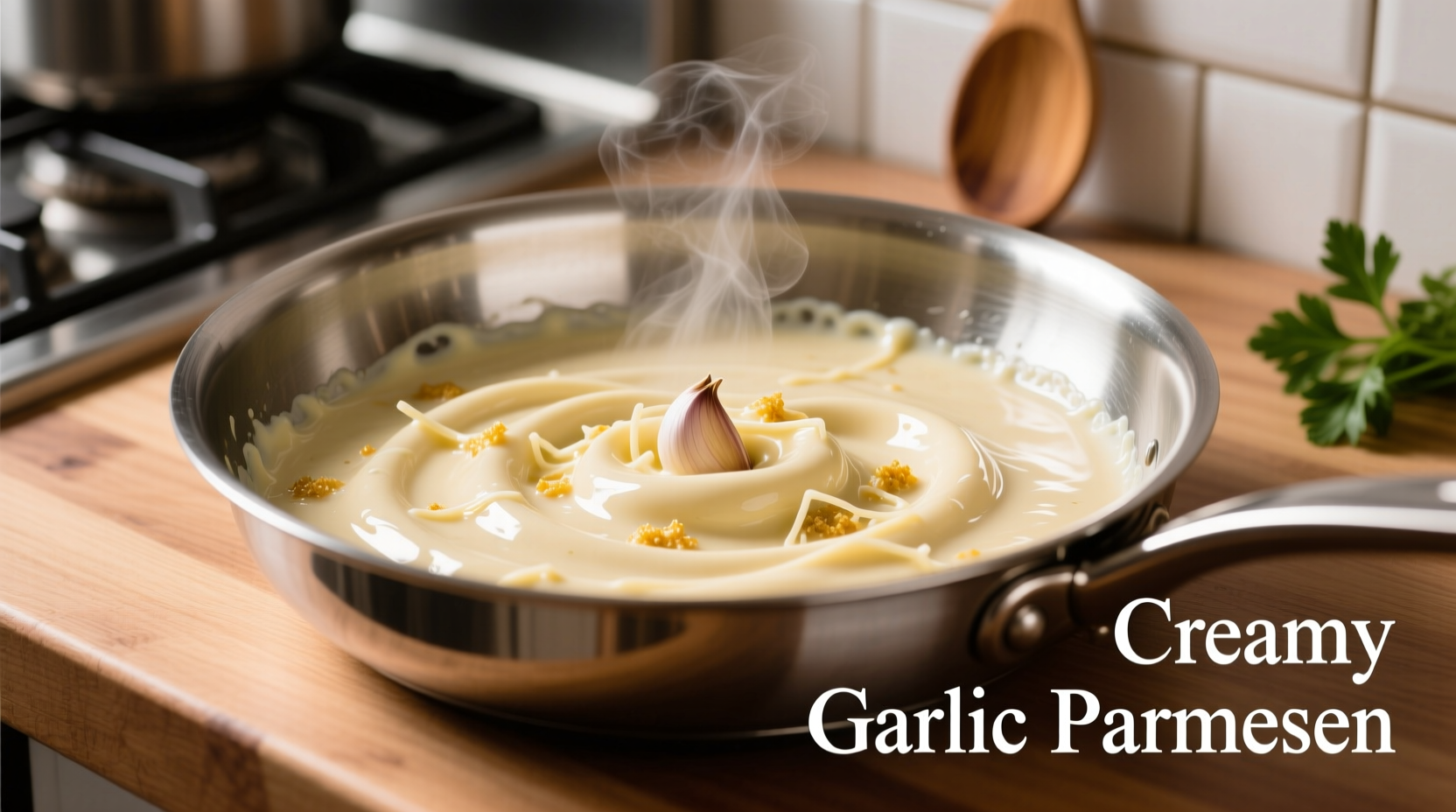 Creamy garlic parmesan sauce in stainless steel pan