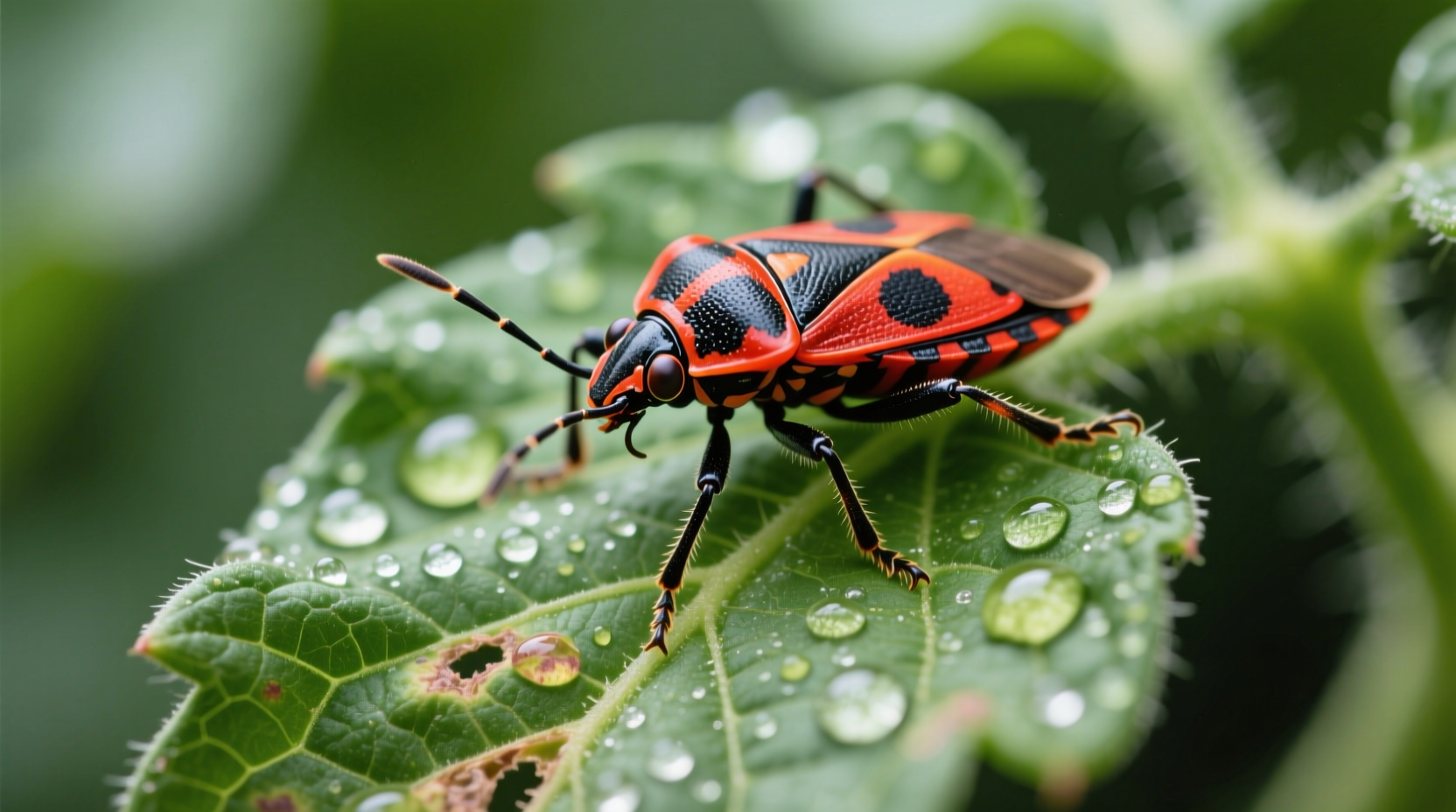 Close-up view of tomato bug on tomato plant leaf