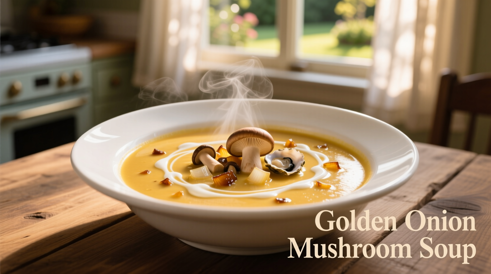 Golden onion mushroom soup in white bowl