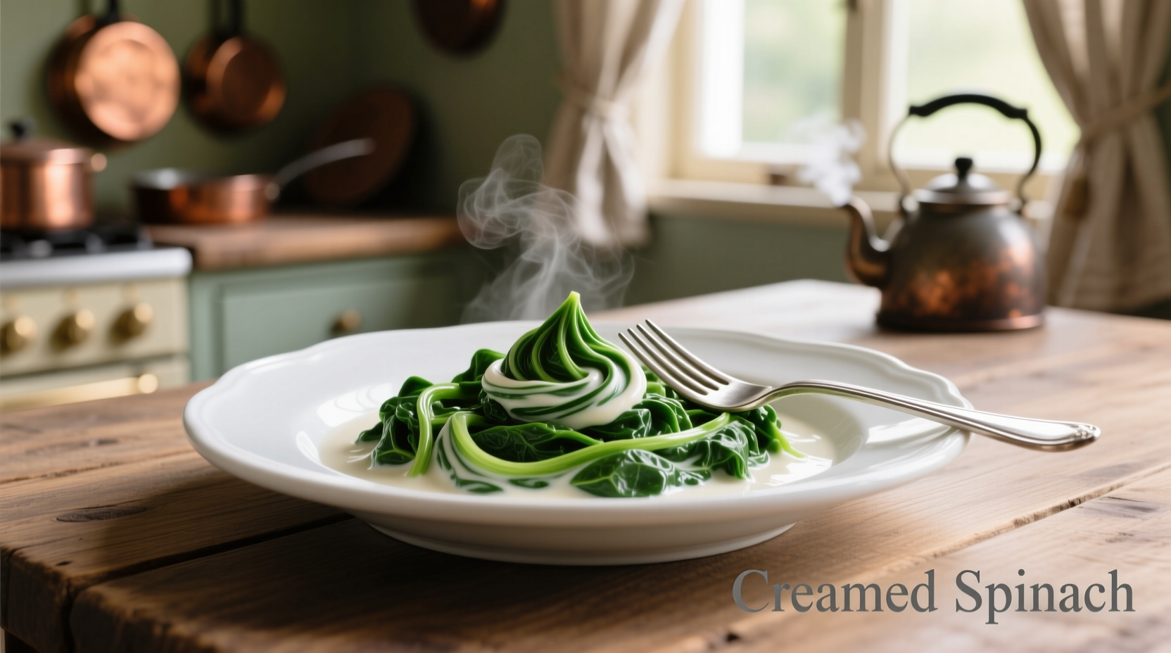 Creamed spinach in white porcelain dish with fork