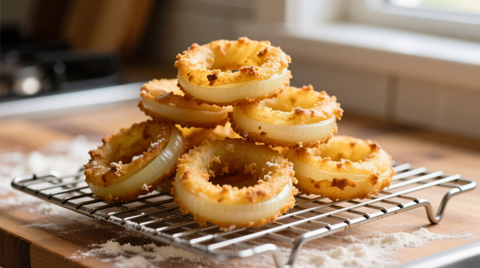 Golden homemade onion rings on wire rack