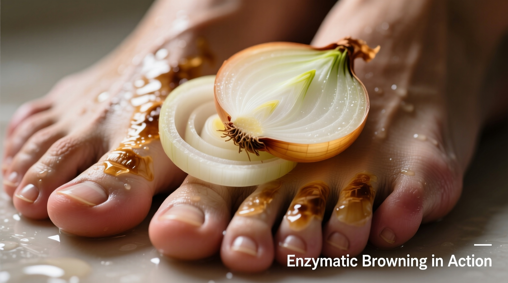 Close-up of onion slices on feet showing enzymatic browning