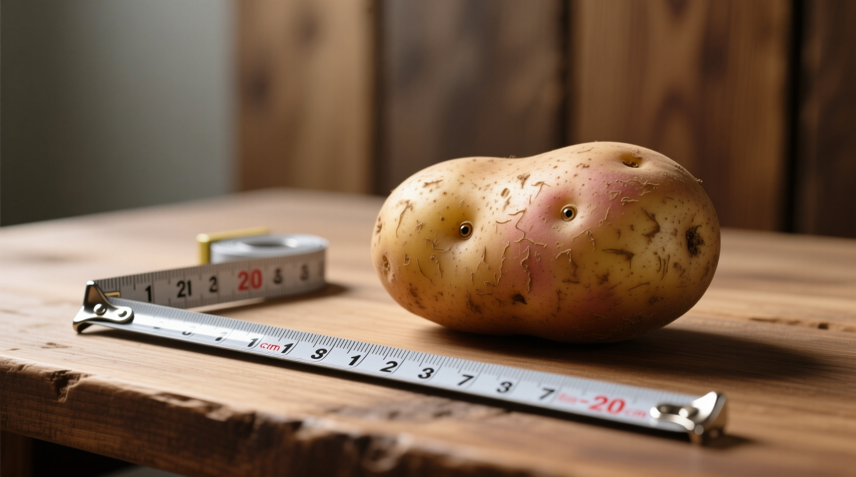 Medium potato next to measuring tape for size reference