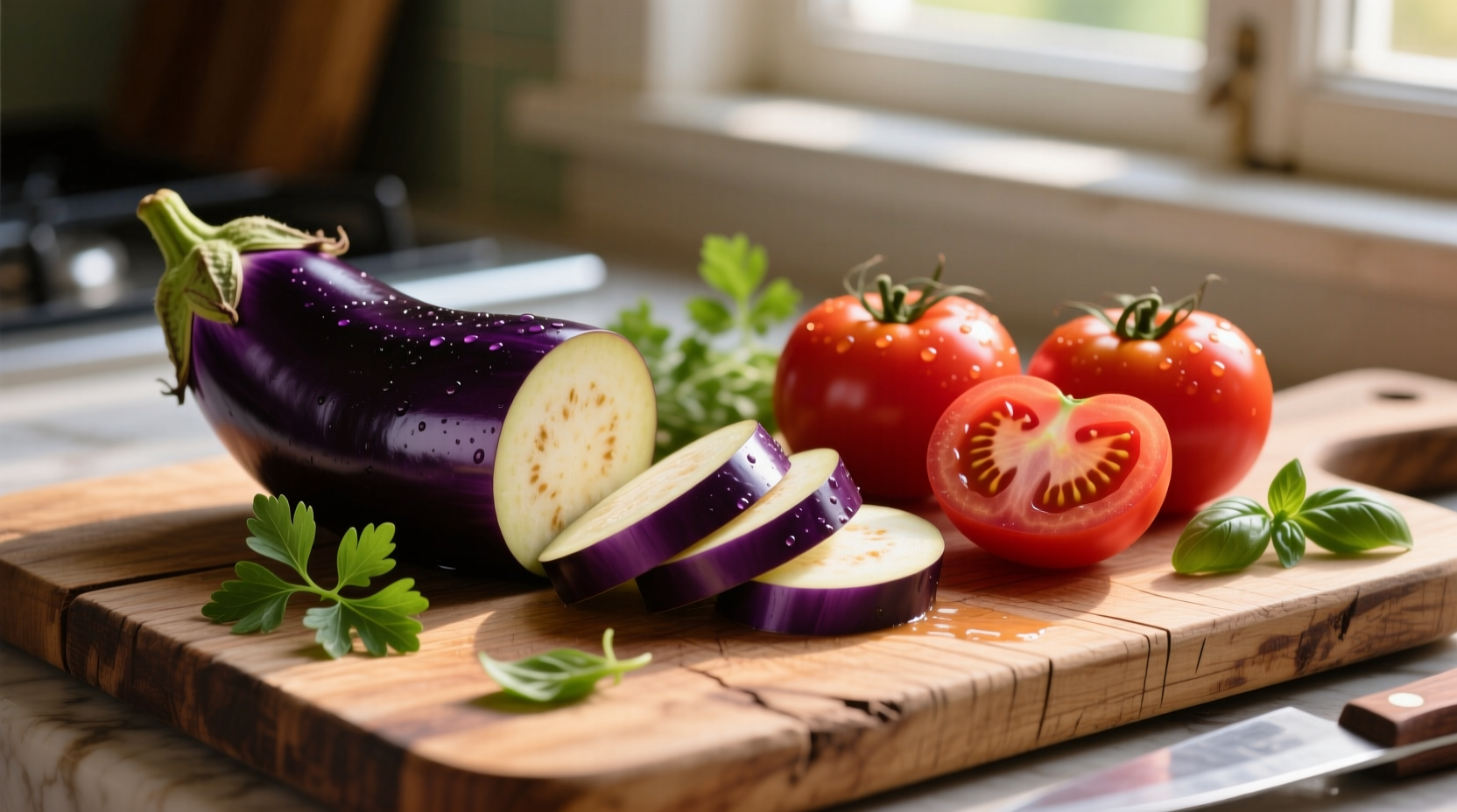Fresh eggplant and tomatoes on wooden cutting board
