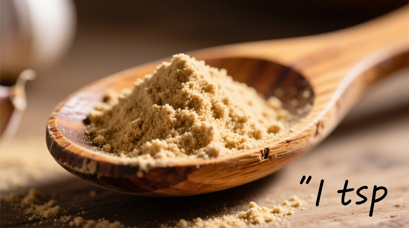 Garlic powder measured in teaspoon on wooden spoon
