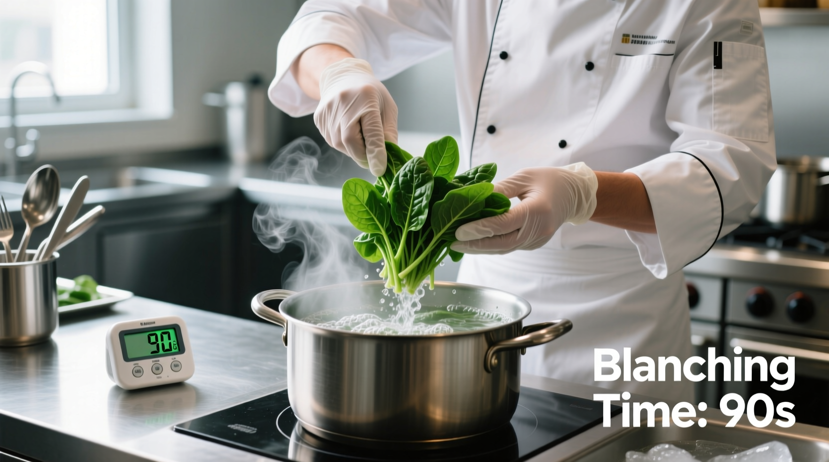Chef demonstrating proper spinach blanching technique with timer
