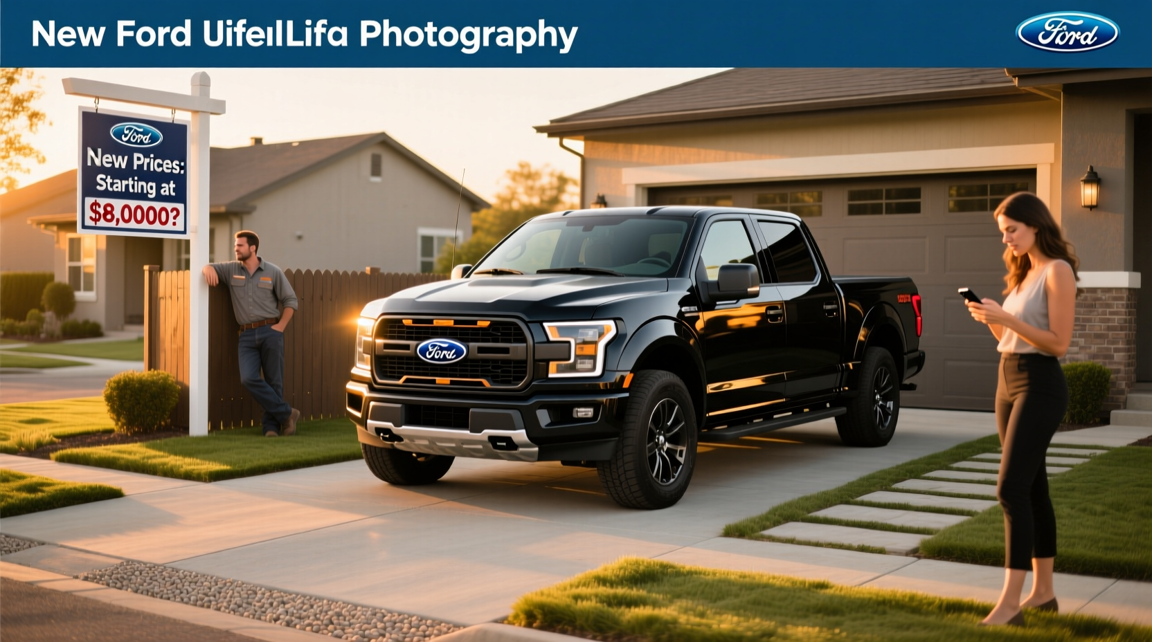 AI-generated image of a new Ford pickup truck with text overlay suggesting $8,000 pricing