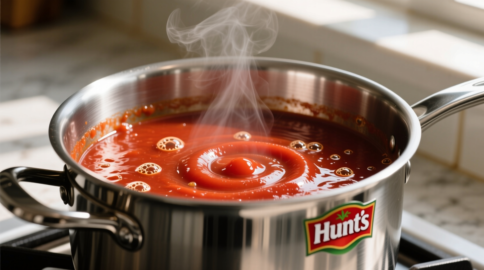 Hunt's tomato sauce simmering in stainless steel pot