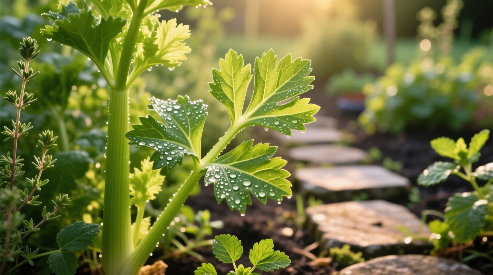 Fresh celery leaves in herb garden