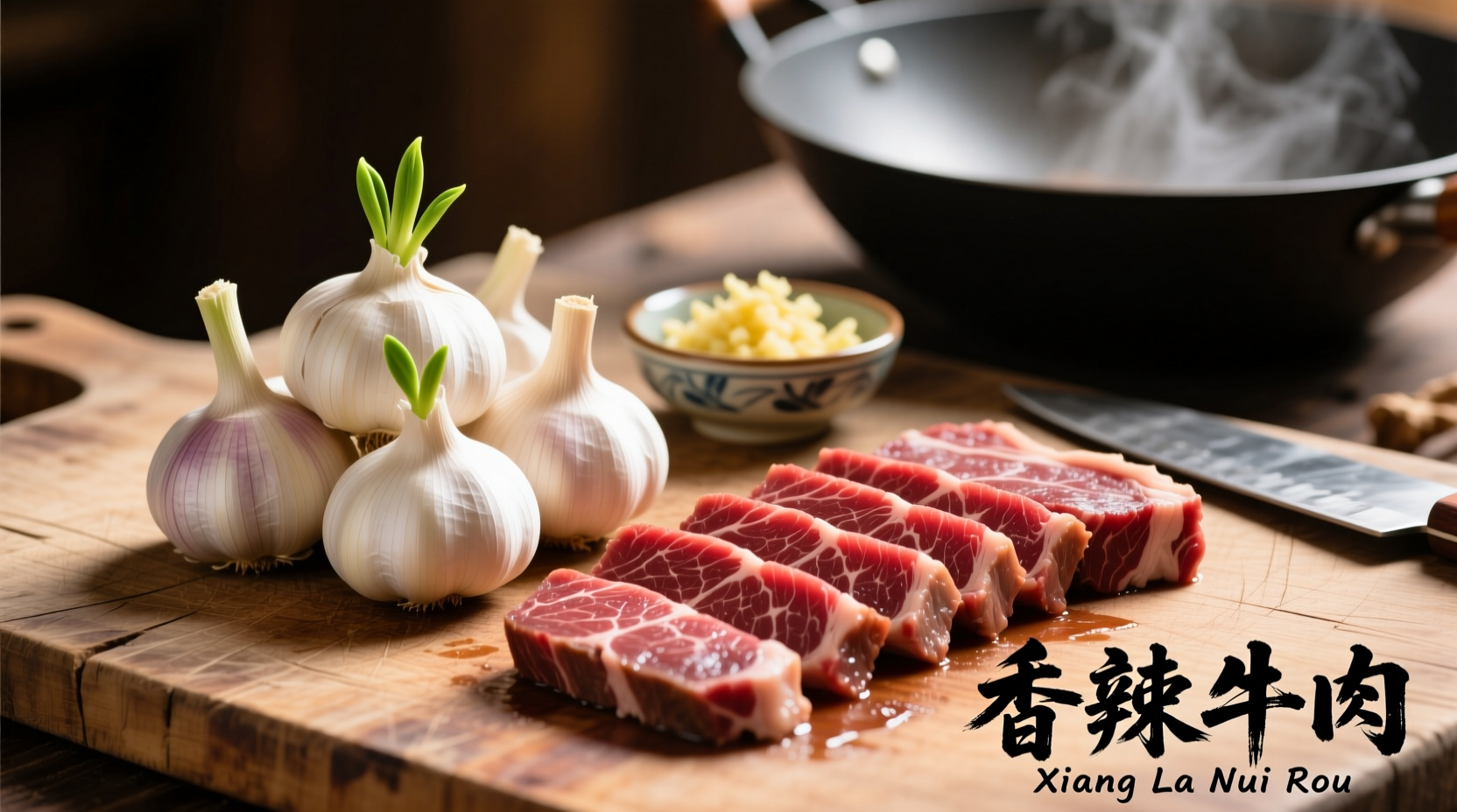 Fresh garlic cloves and sliced flank steak for Chinese beef preparation