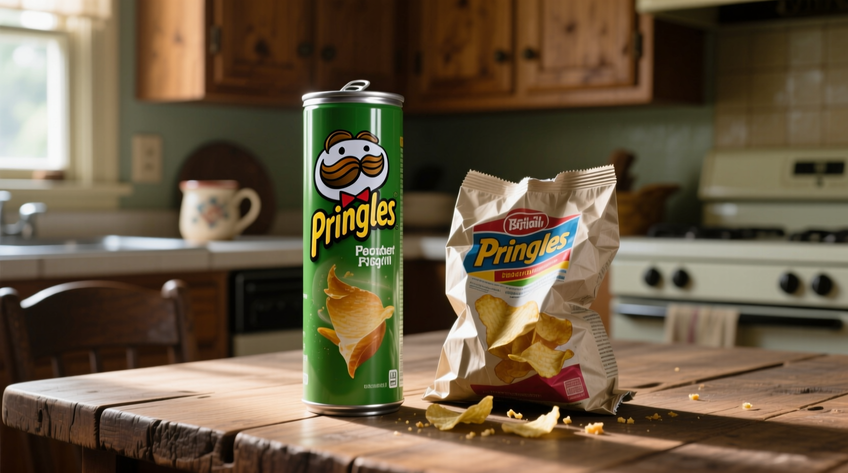Pringles can next to traditional potato chip bag