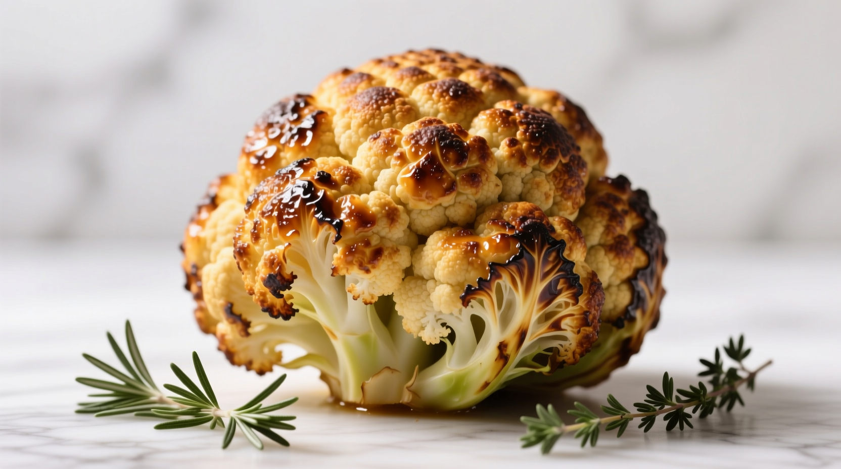 Perfectly roasted whole cauliflower with golden brown exterior