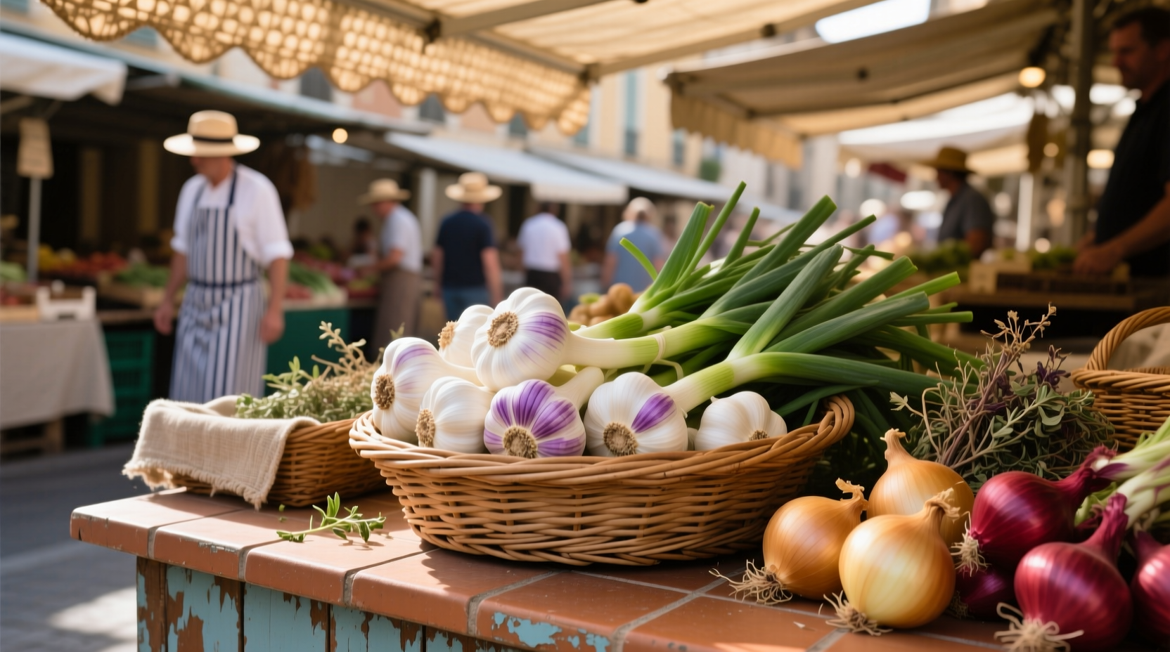 Fresh garlic bulbs at a French market stall