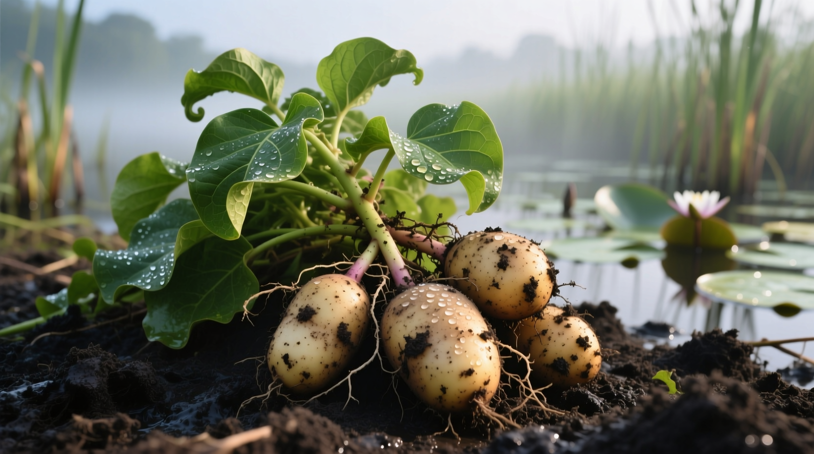 Freshly harvested swamp potato tubers with green leaves